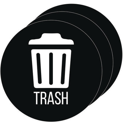 Vinyl Decals, Trash, 4" Diameter, Black/white, 3/pack