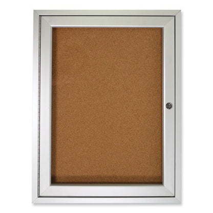 1 Door Enclosed Natural Cork Bulletin Board With Satin Frame, 30" X 36", Tan Surface, Satin Aluminum Frame