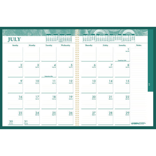 100% Recycled Monobright Monthly/weekly Planner, 11 X 8.5, Green/gold Cover, 12-month (july To June): 2024 To 2025