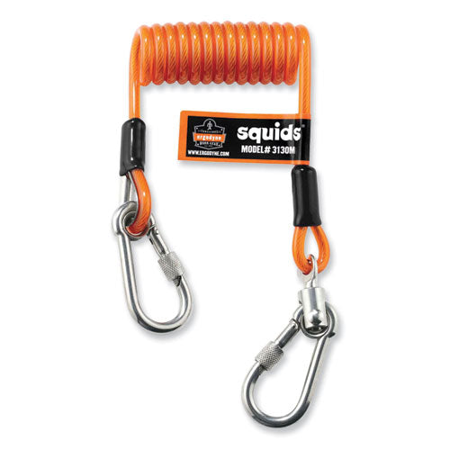 Squids 3130m Coiled Cable Lanyard With Carabiners, 5 Lb Max Working Capacity, 6.5" To 48" Long, Orange