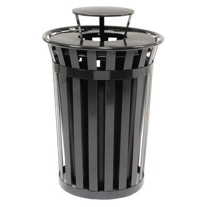 Outdoor Slatted Steel Trash Can, Rain Bonnet Lid, 36 Gal, Black