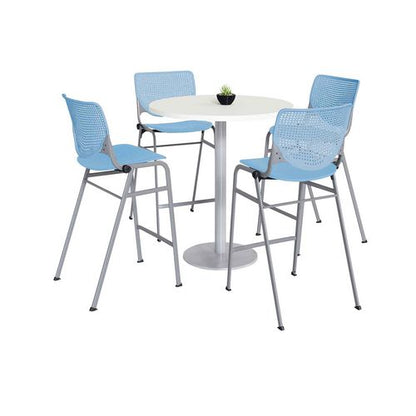 Pedestal Bistro Table With Four Sky Blue Kool Series Barstools, Round, 36" Dia X 41h, Designer White