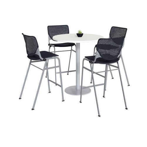 Pedestal Bistro Table With Four Black Kool Series Barstools, Round, 36" Dia X 41h, Designer White