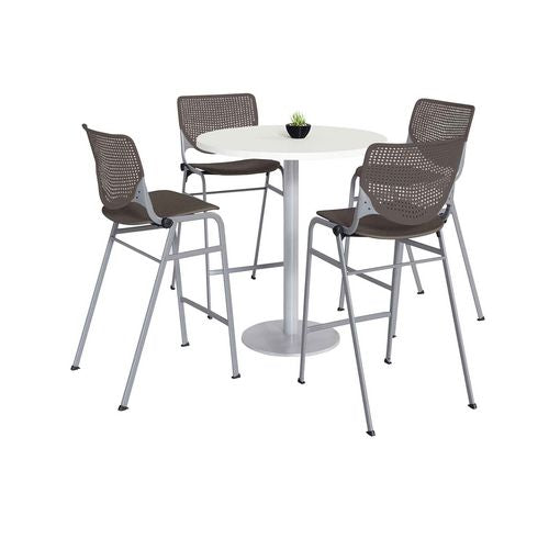 Pedestal Bistro Table With Four Brownstone Kool Series Barstools, Round, 36" Dia X 41h, Designer White