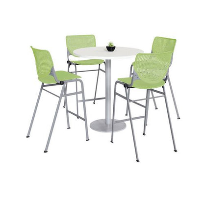 Pedestal Bistro Table With Four Lime Green Kool Series Barstools, Round, 36" Dia X 41h, Designer White