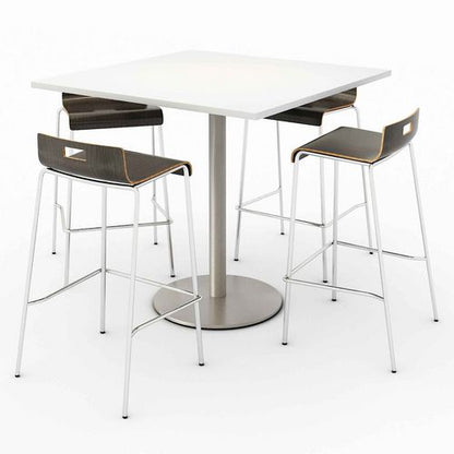 Pedestal Bistro Table With Four Espresso Jive Series Barstools, Square, 36 X 36 X 41, Designer White