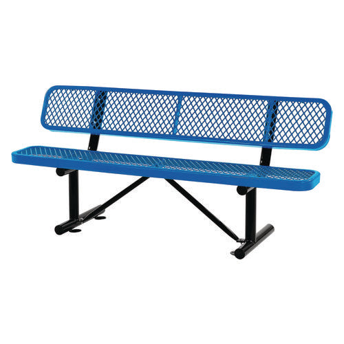 Expanded Steel Bench With Back, 72" X 24" X 33", Blue Seat/back, Black Base