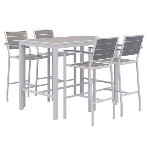 Eveleen Outdoor Bistro Patio Table With Four Gray Powder-coated Polymer Barstools, 32 X 55, Gray