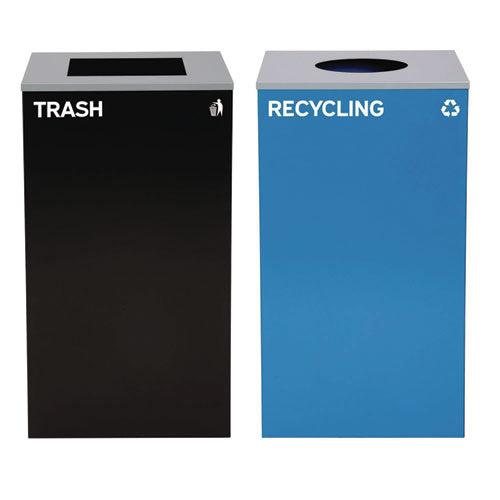 29 Gallon Trash/recycling Cans, Steel, Blue Recycling With Circle Lid, Black Trash Can With Square Lid