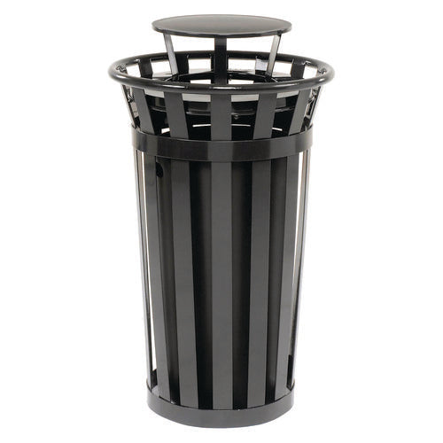 Outdoor Slatted Steel Trash Can, Rain Bonnet Lid, 24 Gal, Black