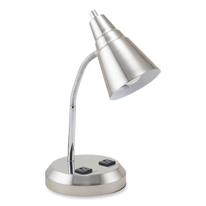 Led Gooseneck Desk Lamp With Charging Outlets, Gooseneck,15" High, Brushed Steel