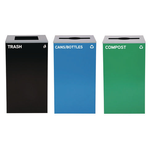 29 Gallon Trash/recycling Cans, Steel, Blue Cans/bottles Recycling And Green Compost Can W/mixed Lid, Black Trash Can Sq Lid