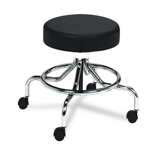 Screw Lift Stool With Low Base, Supports Up To 250 Lb, 25" Seat Height, Black Seat, Chrome Base