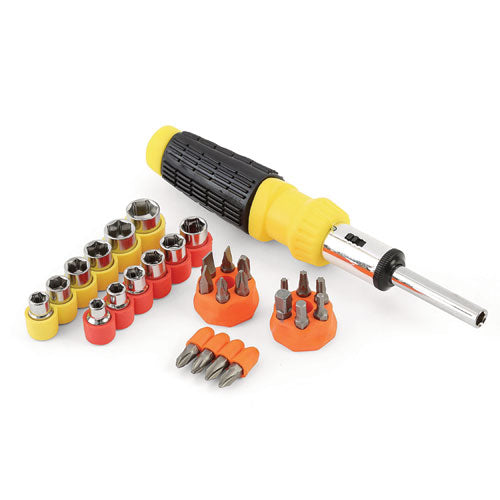 Ratcheting Screw/nut Driver Set, 34-piece, Hex/phillips/slotted/star Bits, Metric/sae Sockets, 8" Long, Yellow/black Handle