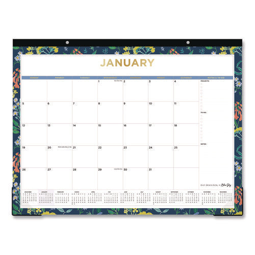 Meadow Blue Desk Pad Calendar, Floral Artwork, 22 X 17, White/multicolor Sheet, Black Headband, 12-month (jan To Dec): 2025