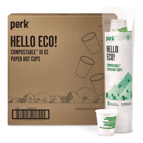 Eco-id Compostable Paper Hot Cups, 10 Oz, White/green, 500/carton