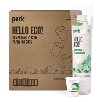 Eco-id Compostable Paper Hot Cups, 12 Oz, White/green, 500/carton