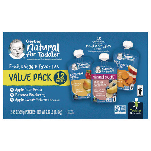 Natural Baby Food Pouches For Toddler 12+ Months, Assorted Flavors, 3.5 Oz Pouch, 12/carton