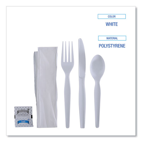 Six-piece Cutlery Kit, Condiment/fork/knife/napkin/spoon, Heavyweight, White, 250/carton