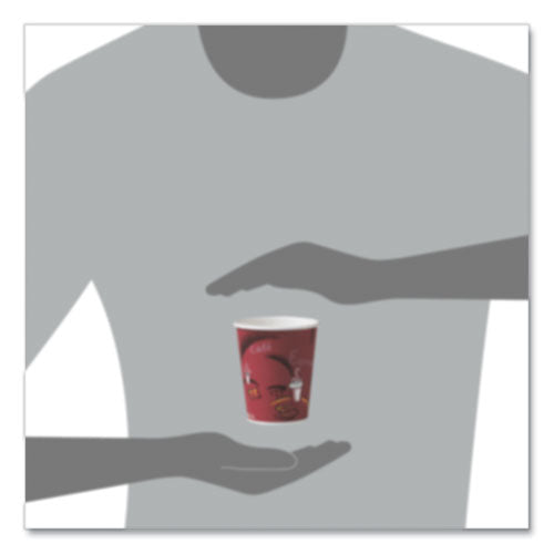 Paper Hot Drink Cups In Bistro Design, 10 Oz, Maroon, 50/pack