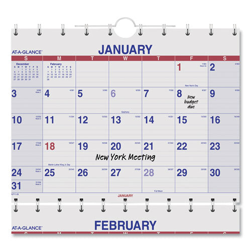 Move-a-page Three-month Wall Calendar, 12 X 27, White/red/blue Sheets, 15-month (dec To Feb): 2023 To 2025