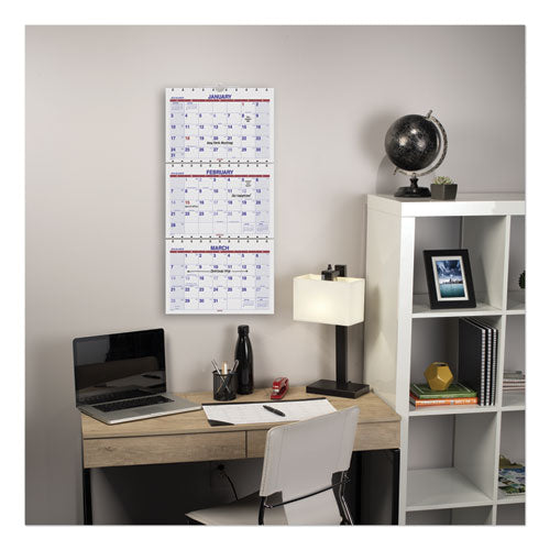 Move-a-page Three-month Wall Calendar, 12 X 27, White/red/blue Sheets, 15-month (dec To Feb): 2023 To 2025