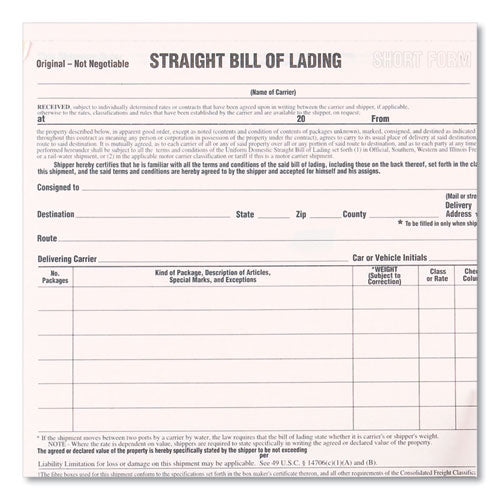 Snap-a-way Bill Of Lading, Short Form, Three-part Carbonless, 7 X 8.5, 250 Forms Total