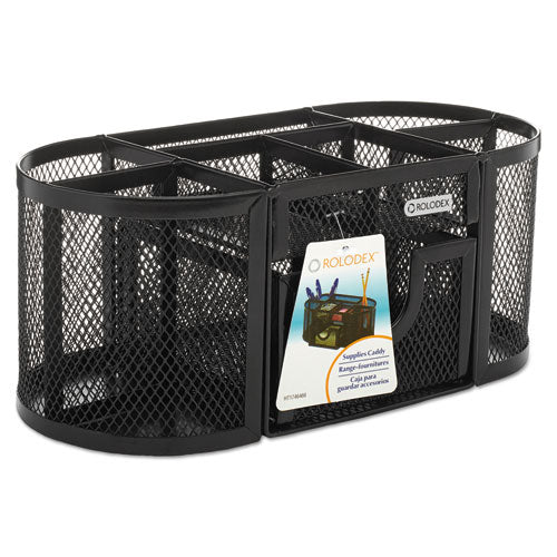 Mesh Oval Pencil Cup Organizer, 4 Compartments, Steel, 9.38 X 4.5 X 4, Black