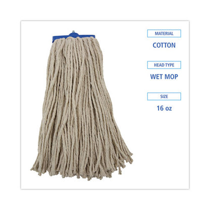 Cut-end Lie-flat Wet Mop Head, Cotton, 16oz, White, 12/carton