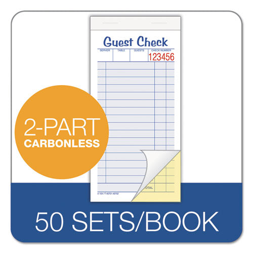 Guest Check Pad, Two-part Carbonless, 6.38 X 3.38, 50 Forms Total