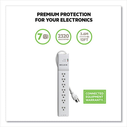 Home/office Surge Protector, 7 Ac Outlets, 12 Ft Cord, 2,160 J, White