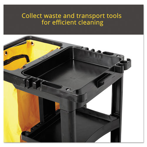 Multi-shelf Cleaning Cart, Plastic, 4 Shelves, 1 Bin, 20" X 45" X 38.25", Black