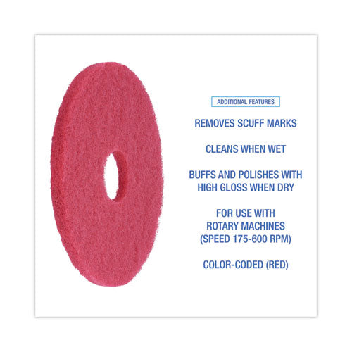 Buffing Floor Pads, 14" Diameter, Red, 5/carton