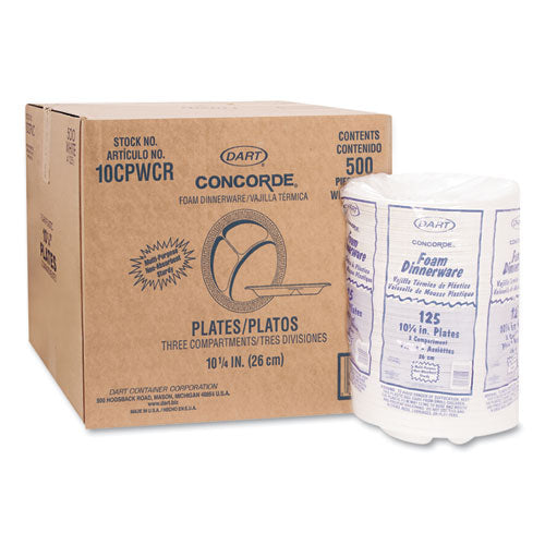 Concorde Foam Plate, 3-compartment, 10.25" Dia, White, 125/pack, 4 Packs/carton