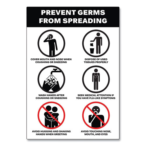 Preprinted Surface Safe Wall Decals, 7 X 10, Prevent Germs From Spreading, White/black Face, Black Graphics, 5/pack