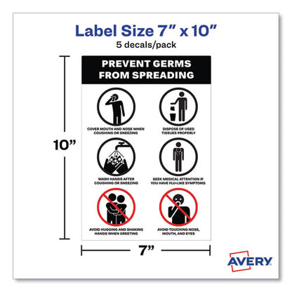 Preprinted Surface Safe Wall Decals, 7 X 10, Prevent Germs From Spreading, White/black Face, Black Graphics, 5/pack