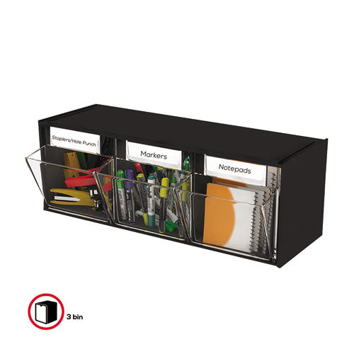 Tilt Bin Interlocking Multi-bin Storage Organizer, 3 Sections, 23.63" X 7.75" X 9.5", Black/clear