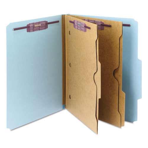 6-section Pressboard Top Tab Pocket Classification Folders, 6 Safeshield Fasteners, 2 Dividers, Letter Size, Blue, 10/box