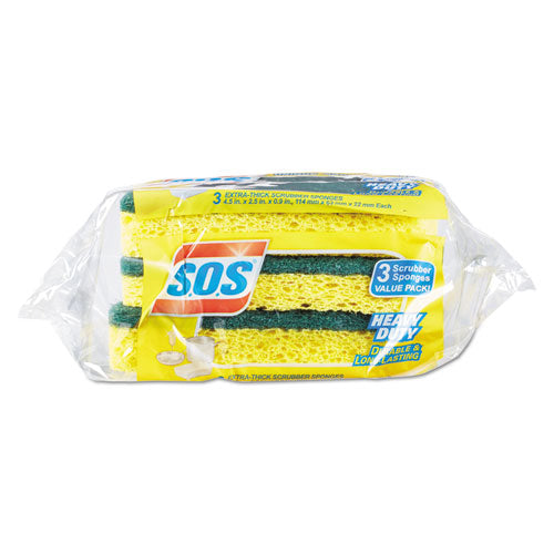 Heavy Duty Scrubber Sponge, 2.5 X 4.5, 0.9" Thick, Yellow/green, 3/pack, 8 Packs/carton