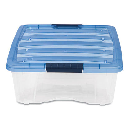 Stack And Pull Latching Flat Lid Storage Box, 6.73 Gal, 16.5" X 22" X 6.5", Clear/translucent Blue