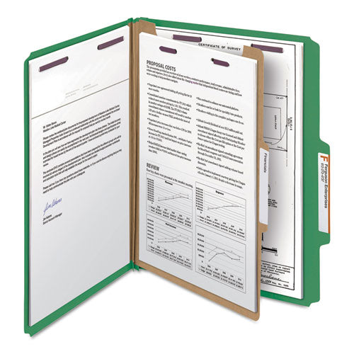 Four-section Pressboard Top Tab Classification Folders, Four Safeshield Fasteners, 1 Divider, Letter Size, Green, 10/box