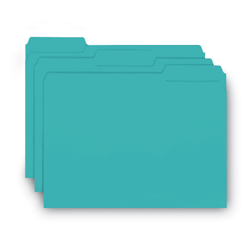 Interior File Folders, 1/3-cut Tabs: Assorted, Letter Size, 0.75" Expansion, Aqua, 100/box