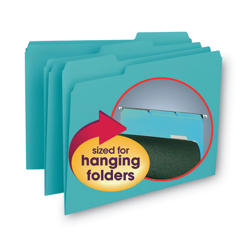 Interior File Folders, 1/3-cut Tabs: Assorted, Letter Size, 0.75" Expansion, Aqua, 100/box