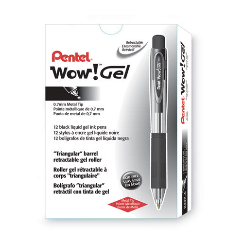 Wow! Gel Pen, Retractable, Medium 0.7 Mm, Black Ink, Clear/black Barrel, Dozen