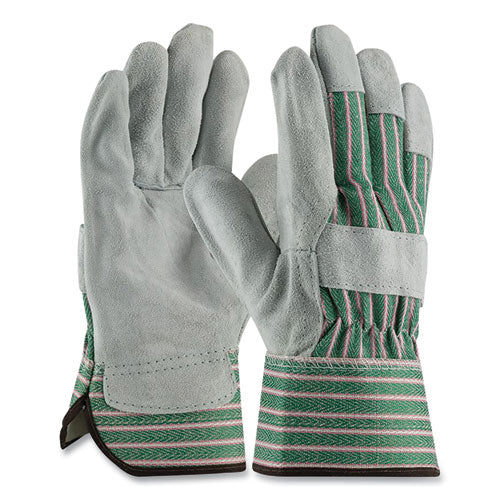 Bronze Series Leather/fabric Work Gloves, Large (size 9), Gray/green, 12 Pairs