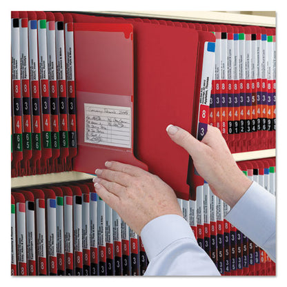 End Tab Pressboard Classification Folders, Six Safeshield Fasteners, 2" Expansion, 2 Dividers, Legal Size, Bright Red, 10/box