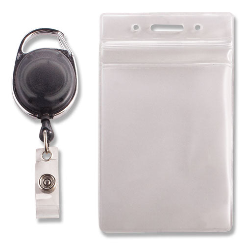 Resealable Badge Holder Combo Pack With Badge Reel, 30" Cord, Vertical, Frost 2.68" X 5" Holder, 2.38" X 3.75" Insert, 10/pk