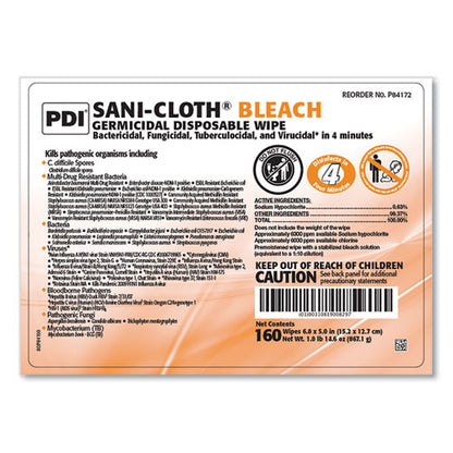 Sani-cloth Bleach Germicidal Disposable Wipes, 1-ply, 7.5 X 15, Unscented, White, 160/canister, 12 Canisters/carton