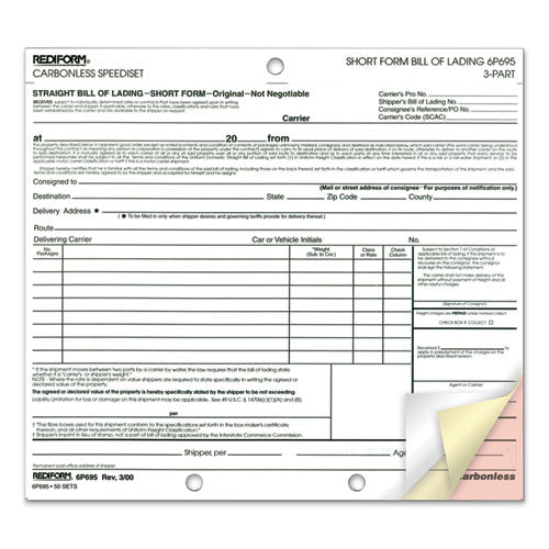 Speediset Bill Of Lading, Short Form, Three-part Carbonless, 7 X 8.5, 50 Forms Total