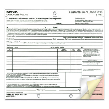 Speediset Bill Of Lading, Short Form, Three-part Carbonless, 7 X 8.5, 50 Forms Total